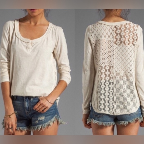 Free People Tops - FREE PEOPLE Small 100% Cotton Romantic Long Sleeve Vanilla T Lace Crochet Sheer